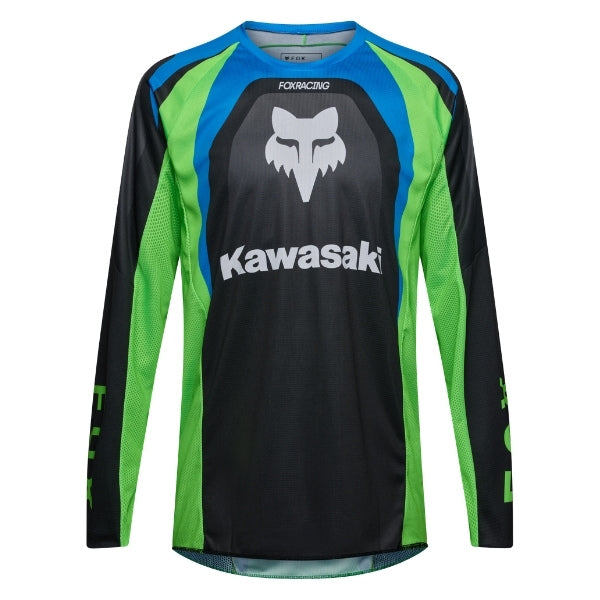 Fox Racing 180 Kawasaki Jersey in Black, front product view, with the crew neck, long sleeves, large Fox chest graphic, contrasting arm panels, and curved drop-tail hem. Available options—Color: Black; Size: XS, SM, MD, LG, XL, 2X. SKU 40667-001-XS. UPC 198571121801.