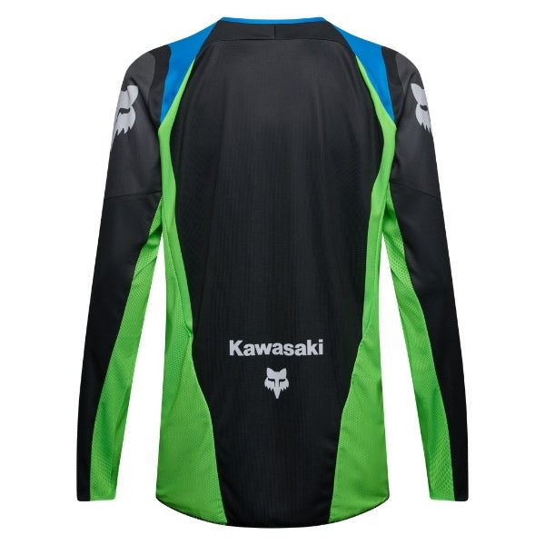 Fox Racing 180 Kawasaki Jersey in Black, rear product view, with the back graphic, shoulder panels, long sleeves, and drop-tail hem. Available options—Color: Black; Size: XS, SM, MD, LG, XL, 2X. SKU 40667-001-S. UPC 198571121818.