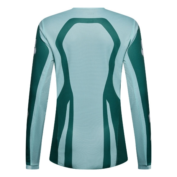 Fox Racing 180 Raid Jersey (Womens) in Melon, modeled front three-quarter view, with the crew neck, long sleeves, contrasting shoulder and arm graphics, and extended rear hem on a rider. Available options—Color: Lavender Drift, Melon; Size: XS, SM, MD, LG, XL. SKU 40669-413-M. UPC 198571127490.