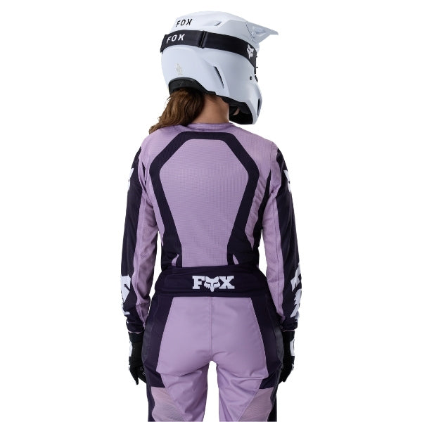 Fox Racing 180 Raid Jersey (Womens) in Melon, front product view, with the crew neck, long sleeves, large Fox chest graphic, contrasting arm panels, and curved drop-tail hem. Available options—Color: Lavender Drift, Melon; Size: XS, SM, MD, LG, XL. SKU 40669-413-XS. UPC 198571127476.