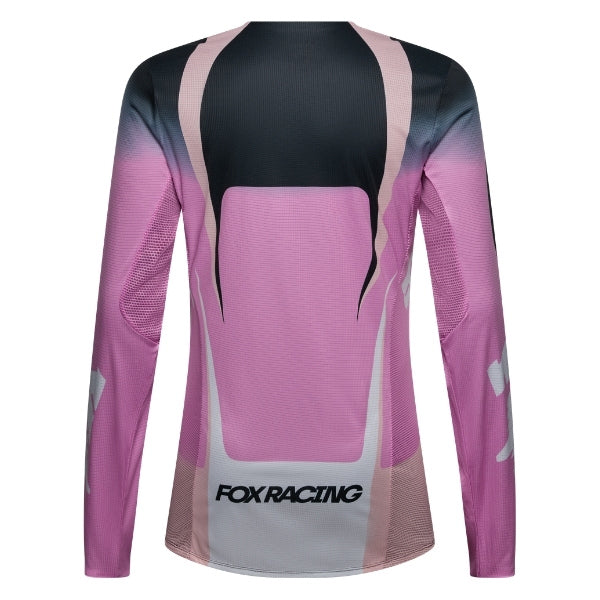 Fox Racing Flexair Thorn Jersey (Womens) in Black/Pink, rear product view, with the back graphic, shoulder panels, long sleeves, and drop-tail hem. Available options—Color: Black/Pink, Sky Blue; Size: XS, SM, MD, LG, XL. SKU 40670-285-S. UPC 198571123553.