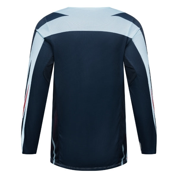 Fox Racing Flexair Arc Jersey (Youth) in Ice Blue, rear product view, with the back graphic, shoulder panels, long sleeves, and drop-tail hem. Available options—Color: Ice Blue, Chili; Size: Y-SM, Y-MD, Y-LG, Y-XL. SKU 40671-231-YM. UPC 198571126561.