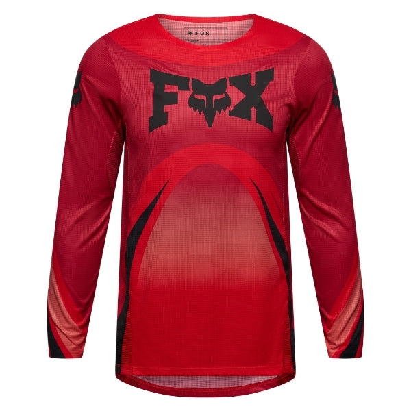 Fox Racing Flexair Arc Jersey (Youth) in Chili, modeled front three-quarter view, with the crew neck, long sleeves, contrasting shoulder and arm graphics, and extended rear hem on a rider. Available options—Color: Ice Blue, Chili; Size: Y-SM, Y-MD, Y-LG, Y-XL. SKU 40671-555-YL. UPC 198571124536.
