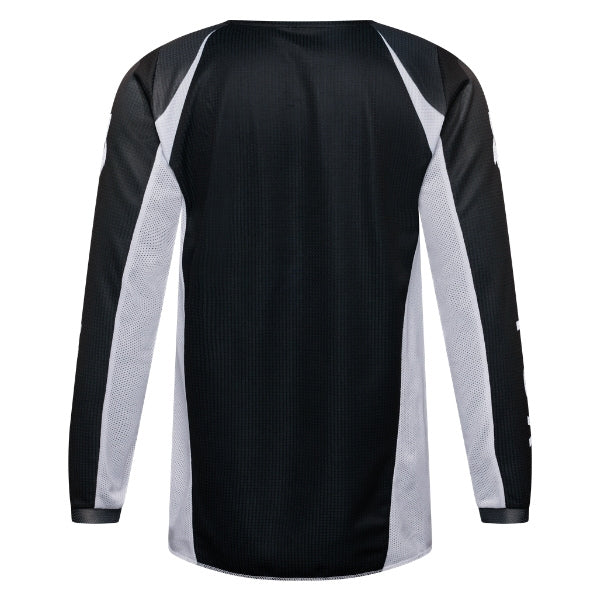 Fox Racing 180 Frame Jersey (Youth) in Black, close-up of the chest and shoulder panels, with the printed Fox artwork, mesh-knit texture, reinforced seam lines, and shaped cuff or hem. Available options—Color: Blue, Grey/Yellow, Black, Red; Size: Y-SM, Y-MD, Y-LG, Y-XL. SKU 40672-001-YXL. UPC 198571122648.