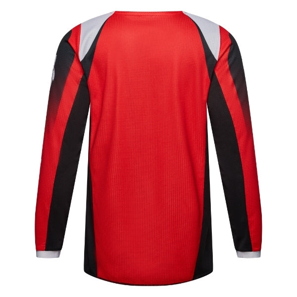 Fox Racing 180 Frame Jersey (Youth) in Red, close-up of the sleeve graphic and cuff, with the printed Fox artwork, mesh-knit texture, reinforced seam lines, and shaped cuff or hem. Available options—Color: Blue, Grey/Yellow, Black, Red; Size: Y-SM, Y-MD, Y-LG, Y-XL.