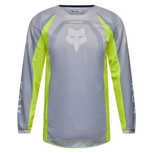 Fox Racing 180 Frame Jersey (Youth) in Grey/Yellow, rear product view, with the back graphic, shoulder panels, long sleeves, and drop-tail hem. Available options—Color: Blue, Grey/Yellow, Black, Red; Size: Y-SM, Y-MD, Y-LG, Y-XL. SKU 40672-086-YM. UPC 198571126127.