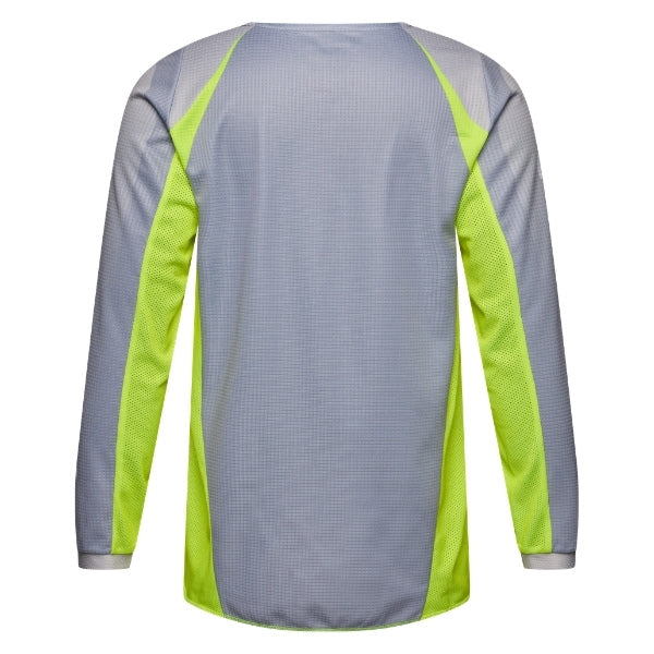 Fox Racing 180 Frame Jersey (Youth) in Grey/Yellow, modeled front three-quarter view, with the crew neck, long sleeves, contrasting shoulder and arm graphics, and extended rear hem on a rider. Available options—Color: Blue, Grey/Yellow, Black, Red; Size: Y-SM, Y-MD, Y-LG, Y-XL. SKU 40672-086-YL. UPC 198571126134.
