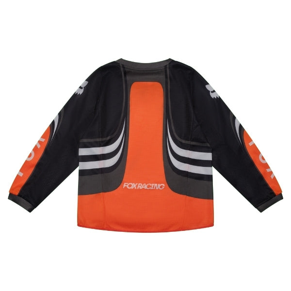Fox Racing 180 Draft Jersey (Kids) in Sunburst, rear product view, with the back graphic, shoulder panels, long sleeves, and drop-tail hem. Available options—Color: White, Sunburst; Size: K-SM (Toddler), K-MD (Toddler). SKU 40674-460-KM. UPC 198571131787. - alternate view