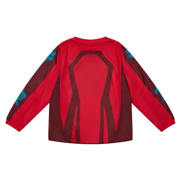 Fox Racing 180 Raid Jersey (Kids) in Rust, rear product view, with the back graphic, shoulder panels, long sleeves, and drop-tail hem. Available options—Color: Rust, Purple Lava; Size: K-SM (Toddler), K-MD (Toddler). SKU 40675-180-KM. UPC 198571134627.