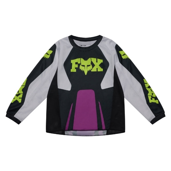 Fox Racing 180 Raid Jersey (Kids) in Purple Lava, front product view, with the crew neck, long sleeves, large Fox chest graphic, contrasting arm panels, and curved drop-tail hem. Available options—Color: Rust, Purple Lava; Size: K-SM (Toddler), K-MD (Toddler). SKU 40675-E07-KS. UPC 198571134481.