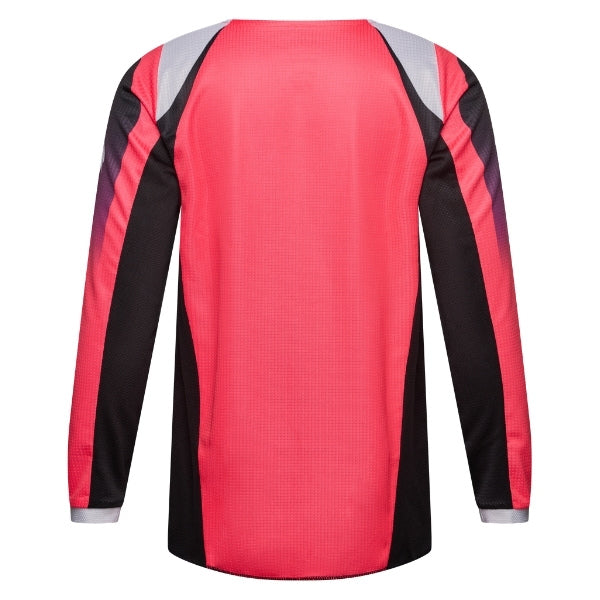 Fox Racing 180 Frame Jersey (Girls) in Neon Pink, rear product view, with the back graphic, shoulder panels, long sleeves, and drop-tail hem. Available options—Color: Neon Pink, Deep Blue; Size: Y-SM, Y-MD, Y-LG, Y-XL. SKU 40676-065-YM. UPC 198571128275.