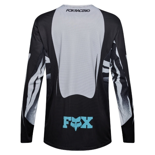 Fox Racing 360 Clutch Jersey in White/Black, rear product view, with the back graphic, shoulder panels, long sleeves, and drop-tail hem. Available options—Color: White/Black, Neon Pink; Size: SM, MD, LG, XL, 2X. SKU 40678-058-M. UPC 198571132500.