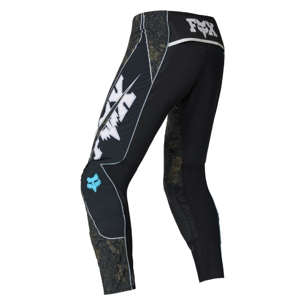 Fox Racing Flexair Apex Pants in Black, rear product view, with the reinforced seat, rear yoke, articulated knees, tapered legs, and lower-leg graphics. Available options—Color: Black; Size: 28, 30, 32, 34, 36, 38. SKU 40690-001-30. UPC 198571133583.