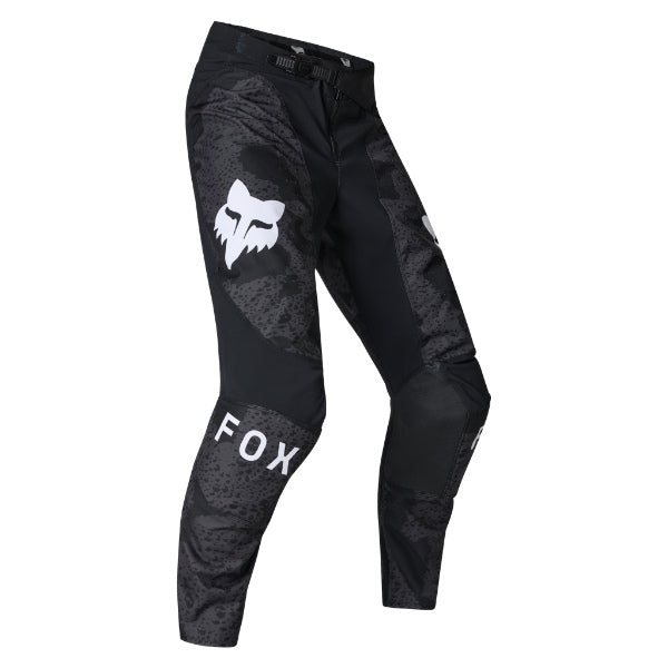 Fox Racing 180 BNKR Pants in Black Camo, front product view, with the adjustable waist, articulated knees, contrasting leg graphics, reinforced inner knees, and tapered cuffs. Available options—Color: Black Camo; Size: 26, 28, 30, 32, 34, 36, 38. SKU 40694-247-26. UPC 198571133644.