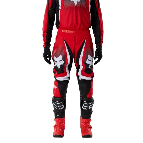 Fox Racing 180 Frame Pants in Black, front product view, with the adjustable waist, articulated knees, contrasting leg graphics, reinforced inner knees, and tapered cuffs. Available options—Color: Blue, Grey/Yellow, Black, Red; Size: 26, 28, 30, 32, 34, 36, 38, 40, 42, 44. SKU 40696-001-42. UPC 198571122174.