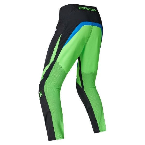 Fox Racing 180 Kawasaki Pants in Black, rear product view, with the reinforced seat, rear yoke, articulated knees, tapered legs, and lower-leg graphics. Available options—Color: Black; Size: 26, 28, 30, 32, 34, 36, 38. SKU 40697-001-28. UPC 198571122037.