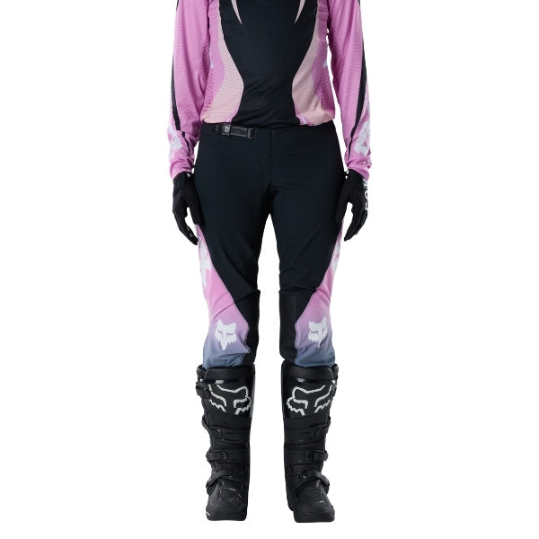 Fox Racing Flexair Thorn Pants (Womens) in Black/Pink, close-up of the side thigh and knee panels, with the ratcheting waist adjuster, stretch yoke, shaped hip panel, and reinforced knee or thigh material. Available options—Color: Black/Pink, Sky Blue; Size: 2, 4, 6, 8, 10, 12, 14, 16. SKU 40698-285-10. UPC 198571123638.