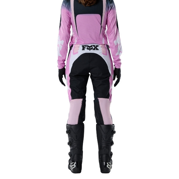 Fox Racing Flexair Thorn Pants (Womens) in Black/Pink, rear lower-leg and cuff view, with the reinforced seat, rear yoke, articulated knees, tapered legs, and lower-leg graphics. Available options—Color: Black/Pink, Sky Blue; Size: 2, 4, 6, 8, 10, 12, 14, 16. SKU 40698-285-12. UPC 198571123645.