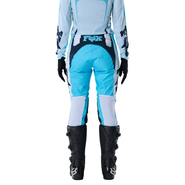 Fox Racing Flexair Thorn Pants (Womens) in Sky Blue, close-up of the ratcheting waist closure, with the ratcheting waist adjuster, stretch yoke, shaped hip panel, and reinforced knee or thigh material. Available options—Color: Black/Pink, Sky Blue; Size: 2, 4, 6, 8, 10, 12, 14, 16. SKU 40698-D67-8. UPC 198571131435.