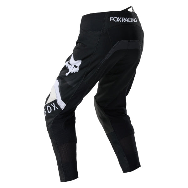 Fox Racing 180 Frame Pants (Youth) in Red, rear product view, with the reinforced seat, rear yoke, articulated knees, tapered legs, and lower-leg graphics. Available options—Color: Blue, Grey/Yellow, Black, Red; Size: Y-22, Y-24, Y-26, Y-28. SKU 40702-003-24. UPC 198571130148.