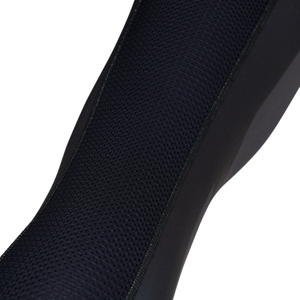 Fox Racing Flexair Knee Brace Socks in Blue, full-length side view, with the ribbed cuff, knitted Fox graphics, shaped heel, reinforced toe, and ventilated stretch knit. Available options—Color: Black, Blue, Red, Grey; Size: MD, LG. SKU 40714-002-M. UPC 198571124055.