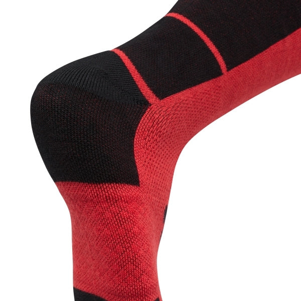 Fox Racing Flexair Knee Brace Socks in Grey, close-up of the upper Fox logo panel, with the ribbed cuff, knitted Fox graphics, shaped heel, reinforced toe, and ventilated stretch knit. Available options—Color: Black, Blue, Red, Grey; Size: MD, LG.