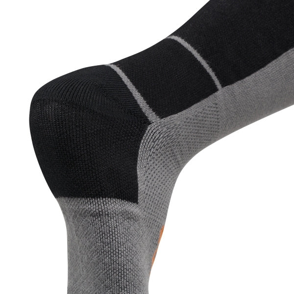 Fox Racing Flexair Knee Brace Socks in Grey, close-up of the upper Fox logo panel, with the ribbed cuff, knitted Fox graphics, shaped heel, reinforced toe, and ventilated stretch knit. Available options—Color: Black, Blue, Red, Grey; Size: MD, LG. - alternate view