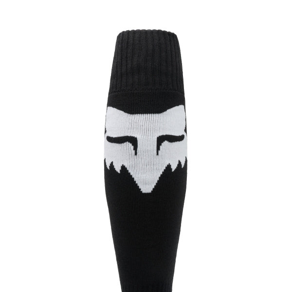 Fox Racing 180 Elevated Core Socks in Midnight, full side profile, with the ribbed cuff, knitted Fox graphics, shaped heel, reinforced toe, and ventilated stretch knit. Available options—Color: Black, Midnight, Red, Grey; Size: SM, MD, LG. SKU 40716-329-S. UPC 198571127049.