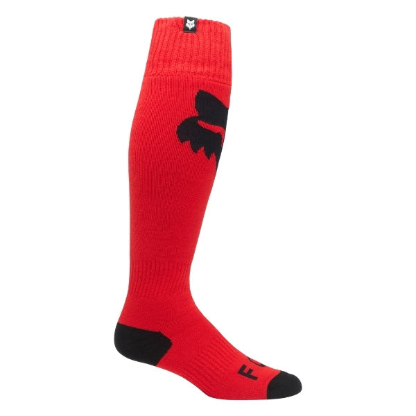 Fox Racing 180 Elevated Core Socks in Grey, close-up of the calf logo and knit texture, with the ribbed cuff, knitted Fox graphics, shaped heel, reinforced toe, and ventilated stretch knit. Available options—Color: Black, Midnight, Red, Grey; Size: SM, MD, LG.