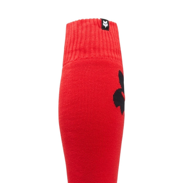 Fox Racing 180 Elevated Core Socks in Grey, full side profile, with the ribbed cuff, knitted Fox graphics, shaped heel, reinforced toe, and ventilated stretch knit. Available options—Color: Black, Midnight, Red, Grey; Size: SM, MD, LG.