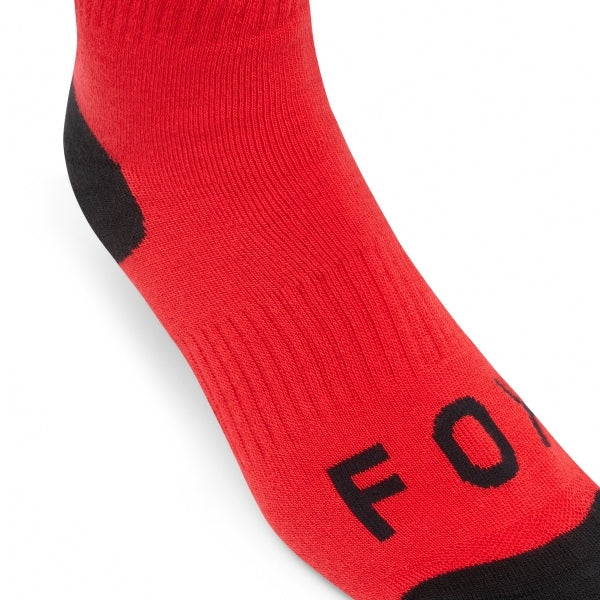 Fox Racing 180 Elevated Core Socks in Grey, rear calf graphic view, with the ribbed cuff, knitted Fox graphics, shaped heel, reinforced toe, and ventilated stretch knit. Available options—Color: Black, Midnight, Red, Grey; Size: SM, MD, LG.