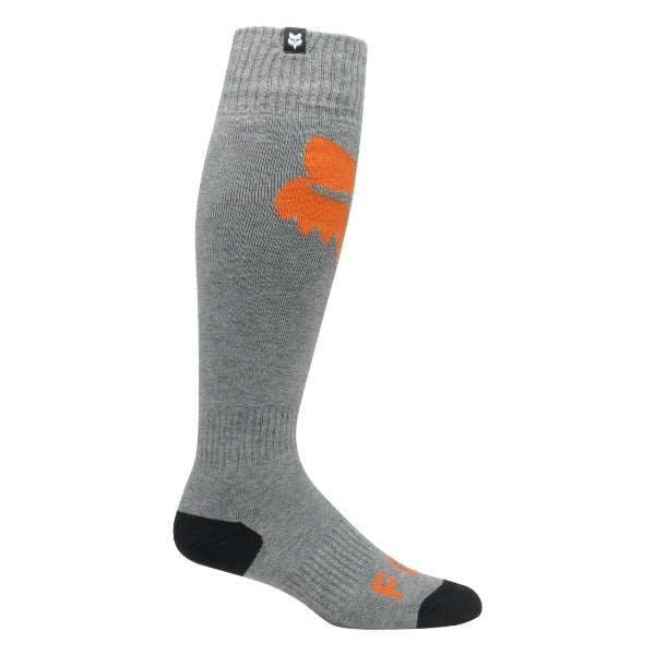 Fox Racing 180 Elevated Core Socks in Red, close-up of the ribbed foot and toe, with the ribbed cuff, knitted Fox graphics, shaped heel, reinforced toe, and ventilated stretch knit. Available options—Color: Black, Midnight, Red, Grey; Size: SM, MD, LG. SKU 40716-003-L. UPC 198571129944.
