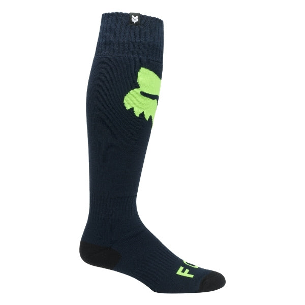 Fox Racing 180 Elevated Core Socks in Midnight, rear calf graphic view, with the ribbed cuff, knitted Fox graphics, shaped heel, reinforced toe, and ventilated stretch knit. Available options—Color: Black, Midnight, Red, Grey; Size: SM, MD, LG. SKU 40716-329-M. UPC 198571127056.