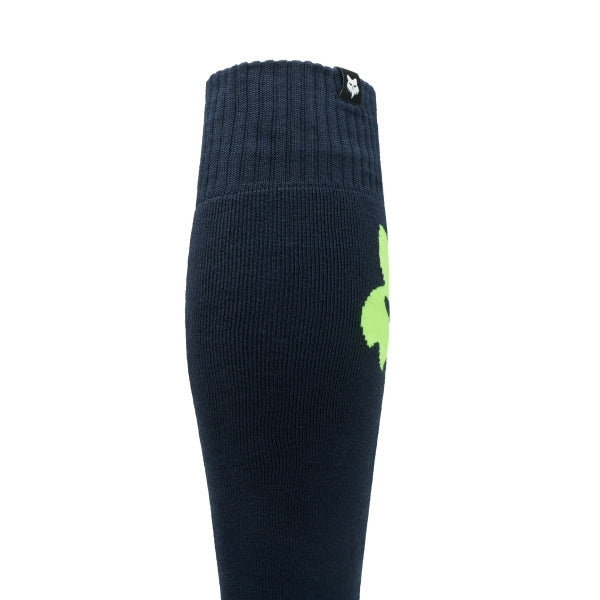 Fox Racing 180 Elevated Core Socks in Midnight, close-up of the ribbed foot and toe, with the ribbed cuff, knitted Fox graphics, shaped heel, reinforced toe, and ventilated stretch knit. Available options—Color: Black, Midnight, Red, Grey; Size: SM, MD, LG. SKU 40716-329-L. UPC 198571127063.