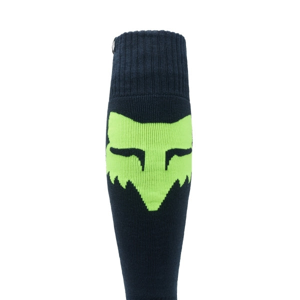 Fox Racing 180 Elevated Core Socks in Red, rear calf graphic view, with the ribbed cuff, knitted Fox graphics, shaped heel, reinforced toe, and ventilated stretch knit. Available options—Color: Black, Midnight, Red, Grey; Size: SM, MD, LG. SKU 40716-003-M. UPC 198571129937.