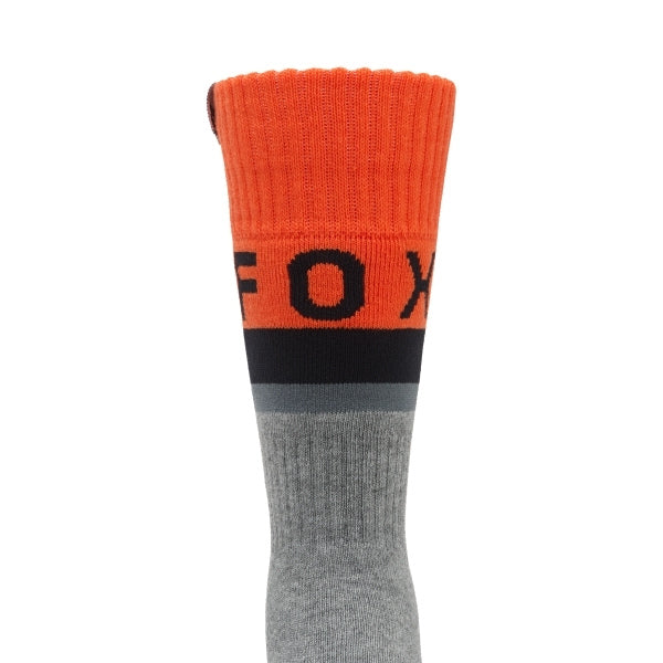 Fox Racing 180 Core Socks (Youth) in HiViz Yellow, rear calf graphic view, with the ribbed cuff, knitted Fox graphics, shaped heel, reinforced toe, and ventilated stretch knit. Available options—Color: Orange, HiViz Yellow; Size: Y-SM, Y-LG. SKU 40718-A46-YL. UPC 198571126417.