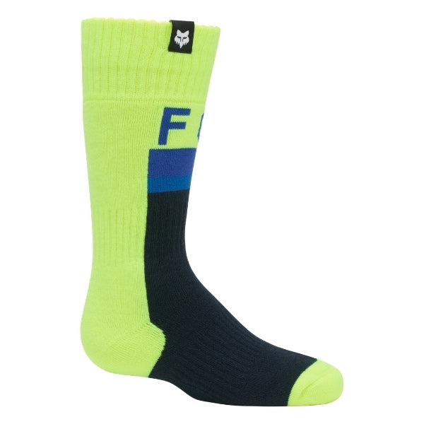 Fox Racing 180 Core Socks (Youth) in HiViz Yellow, close-up of the ribbed foot and toe, with the ribbed cuff, knitted Fox graphics, shaped heel, reinforced toe, and ventilated stretch knit. Available options—Color: Orange, HiViz Yellow; Size: Y-SM, Y-LG.