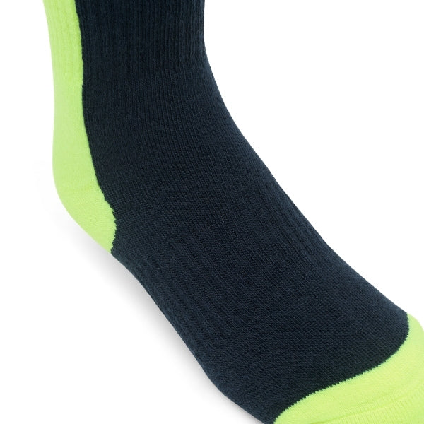 Fox Racing 180 Core Socks (Youth) in HiViz Yellow, full side profile, with the ribbed cuff, knitted Fox graphics, shaped heel, reinforced toe, and ventilated stretch knit. Available options—Color: Orange, HiViz Yellow; Size: Y-SM, Y-LG.