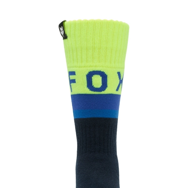 Fox Racing 180 Core Socks (Youth) in HiViz Yellow, rear calf graphic view, with the ribbed cuff, knitted Fox graphics, shaped heel, reinforced toe, and ventilated stretch knit. Available options—Color: Orange, HiViz Yellow; Size: Y-SM, Y-LG.