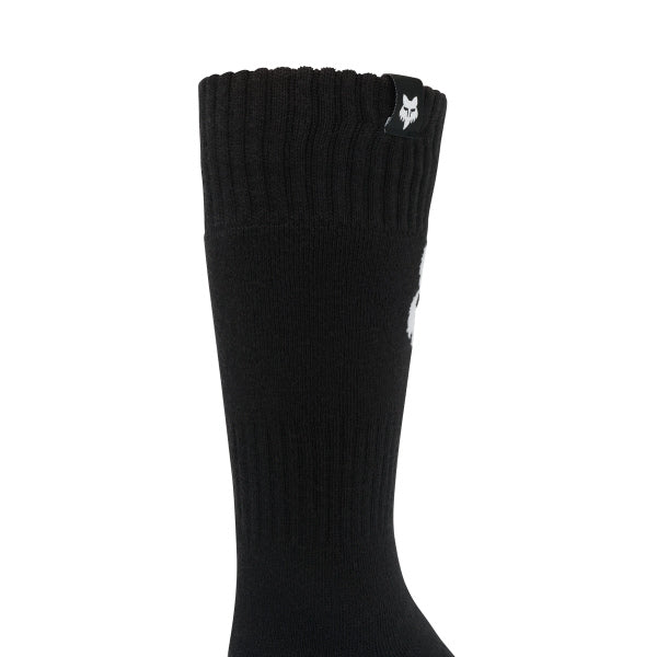 Fox Racing 180 Elevated Core Socks (Youth) in Black, rear calf graphic view, with the ribbed cuff, knitted Fox graphics, shaped heel, reinforced toe, and ventilated stretch knit. Available options—Color: Black, Red; Size: Y-SM, Y-LG. SKU 40719-001-YL. UPC 198571122488.