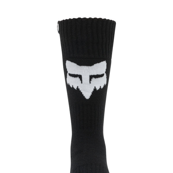 Fox Racing 180 Elevated Core Socks (Youth) in Red, rear calf graphic view, with the ribbed cuff, knitted Fox graphics, shaped heel, reinforced toe, and ventilated stretch knit. Available options—Color: Black, Red; Size: Y-SM, Y-LG. SKU 40719-003-YL. UPC 198571129968.