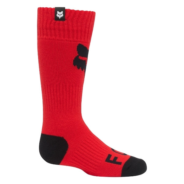 Fox Racing 180 Elevated Core Socks (Youth) in Red, close-up of the ribbed foot and toe, with the ribbed cuff, knitted Fox graphics, shaped heel, reinforced toe, and ventilated stretch knit. Available options—Color: Black, Red; Size: Y-SM, Y-LG.