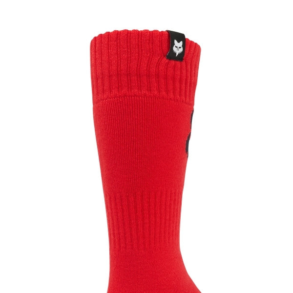 Fox Racing 180 Elevated Core Socks (Youth) in Red, close-up of the calf logo and knit texture, with the ribbed cuff, knitted Fox graphics, shaped heel, reinforced toe, and ventilated stretch knit. Available options—Color: Black, Red; Size: Y-SM, Y-LG.