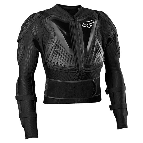 Fox Racing Titan Sport Jacket (Youth) in Black, front view, with shoulder and elbow armor, perforated chest panels, a segmented spine protector, long sleeves, and wide waist belt. Available options—Color: Black. SKU 41226-001-OS. UPC 198571096826.
