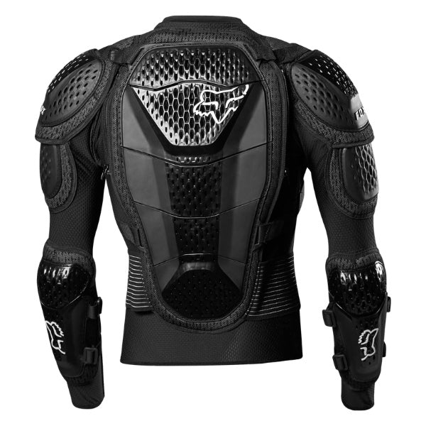 Fox Racing Titan Sport Jacket (Youth) in Black, rear armored view, with shoulder and elbow armor, perforated chest panels, a segmented spine protector, long sleeves, and wide waist belt. Available options—Color: Black.