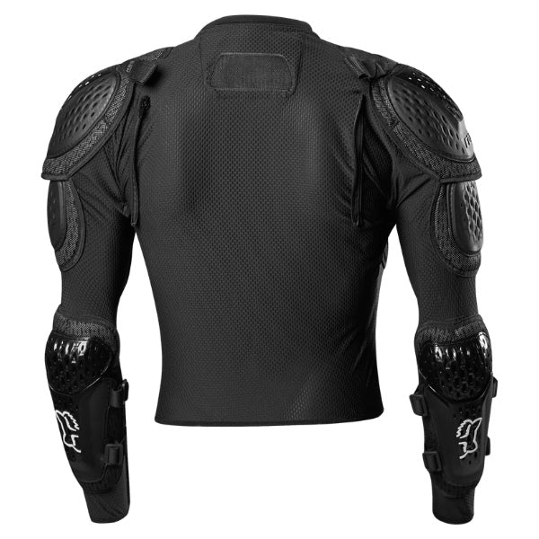 Fox Racing Titan Sport Jacket (Youth) in Black, rear fabric view, with shoulder and elbow armor, perforated chest panels, a segmented spine protector, long sleeves, and wide waist belt. Available options—Color: Black.