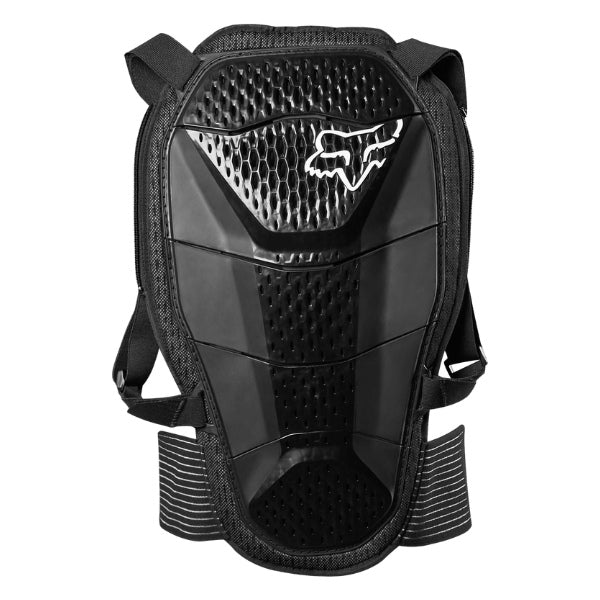 Fox Racing Titan Sport Jacket (Youth) in Black, detached back-protector view, with shoulder and elbow armor, perforated chest panels, a segmented spine protector, long sleeves, and wide waist belt. Available options—Color: Black.