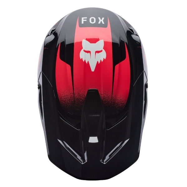 Fox Racing V1 Clutch Helmet in Neon Pink, top view, with the visor tip, crown vents, shell graphics, and central Fox logo. Available options—Color: Neon Pink, White/Black; Size: XS, SM, MD, LG, XL, 2X. SKU 42140-065-XL. UPC 198571128749.