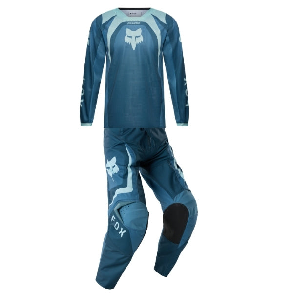 Fox Racing 180 Frame Jersey, Pant Combo (Girls) in Deep Blue, studio layout of the jersey and matching riding pants, with the long-sleeve jersey above coordinated pants, matching Fox graphics, articulated knees, and contrasting leg panels. Available options—Color: Neon Pink, Deep Blue. - alternate view