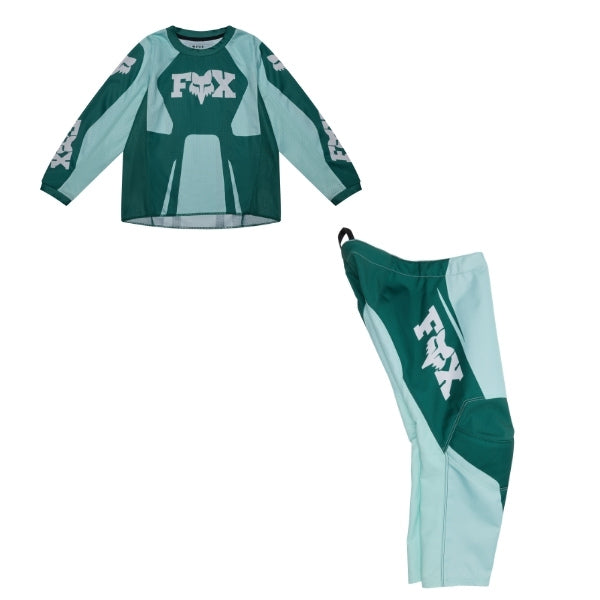 Fox Racing 180 Raid Jersey, Pant Combo (Kids/Girls) in Melon, studio layout of the jersey and matching riding pants, with the long-sleeve jersey above coordinated pants, matching Fox graphics, articulated knees, and contrasting leg panels. Available option—Color: Melon.